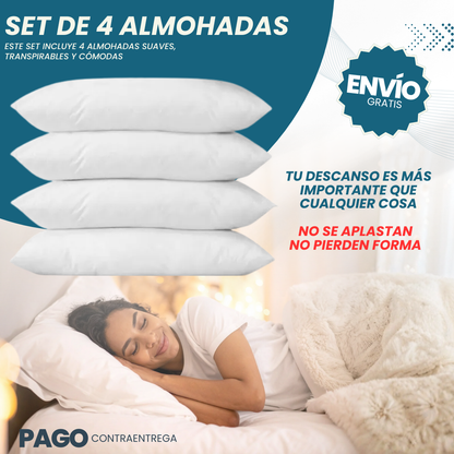 Set x4 Almohadas Siliconadas Premium – Tacto Pluma, Antialérgicas y Lavables